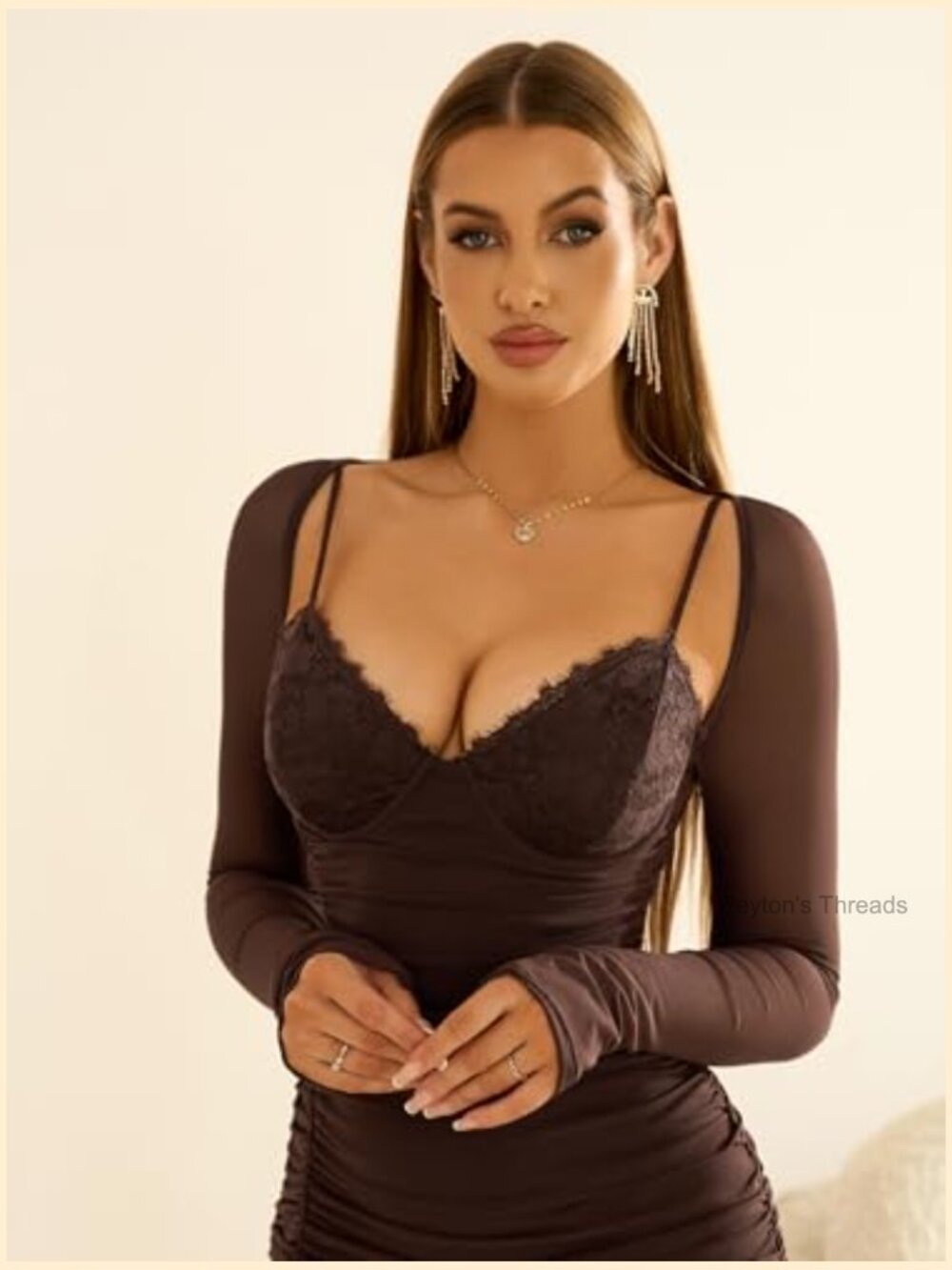 Long Sleeve V Neck Bodycon Ruched Mini Dress Club Party Going Out - Picture 4 of 7